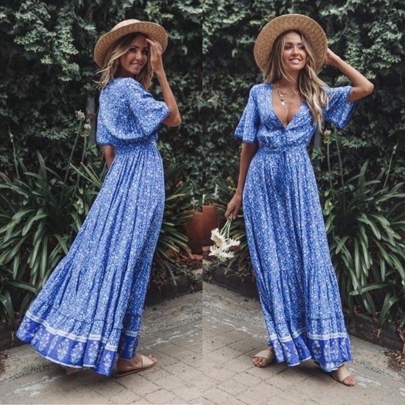 Bohemian Floral Print Maxi Dress Blue Gypsy - Picture 4 of 16